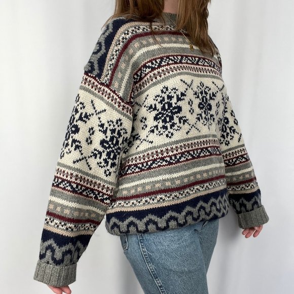 Vintage Nordic Fair Isle Wool Oversized Knit Crew Neck Grandpa Fisherman Sweater - Picture 5 of 8